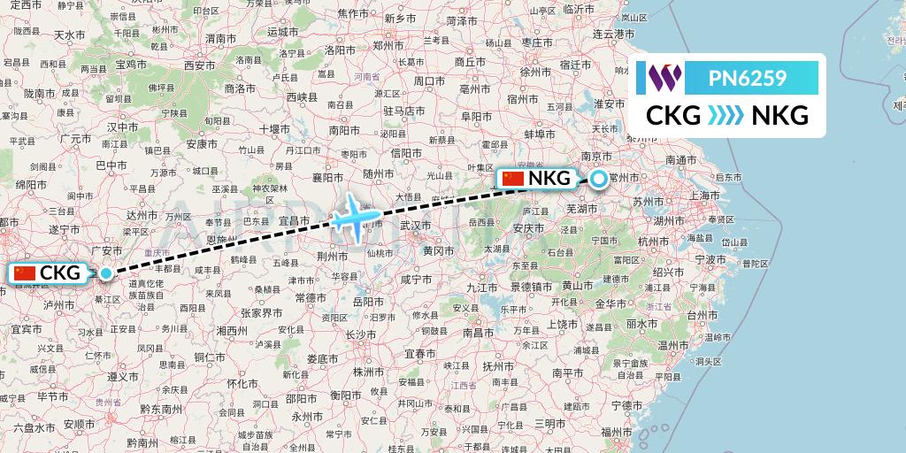 PN6259 China West Air Flight Map: Chongqing to Nanjing