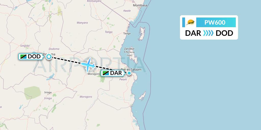 PW600 Precision Air Flight Map: Dar-es-Salaam to Dodoma