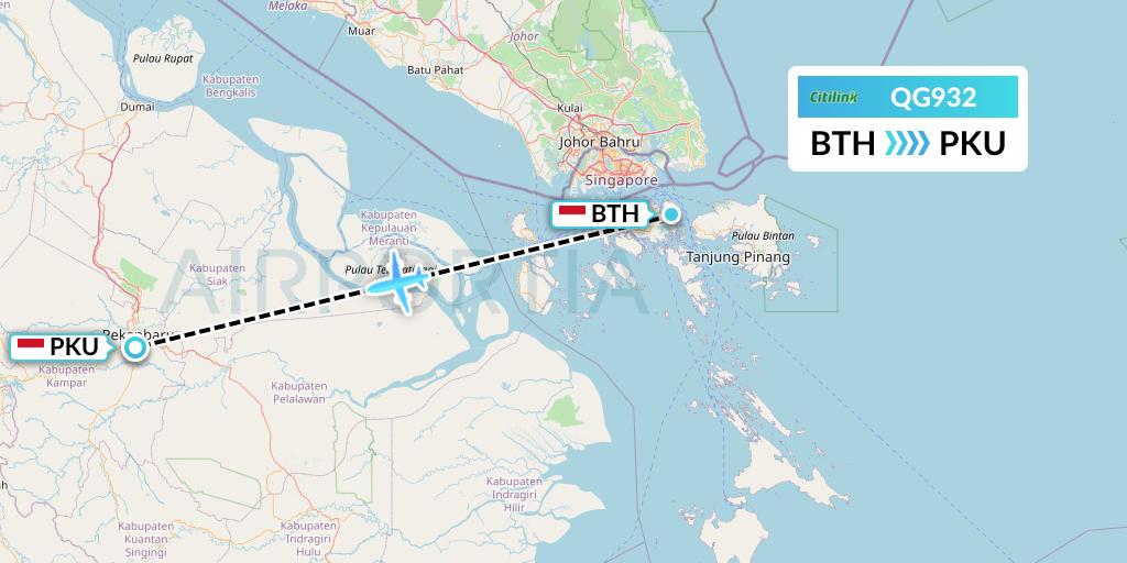 QG932 Citilink Flight Map: Batam to Pekanbaru