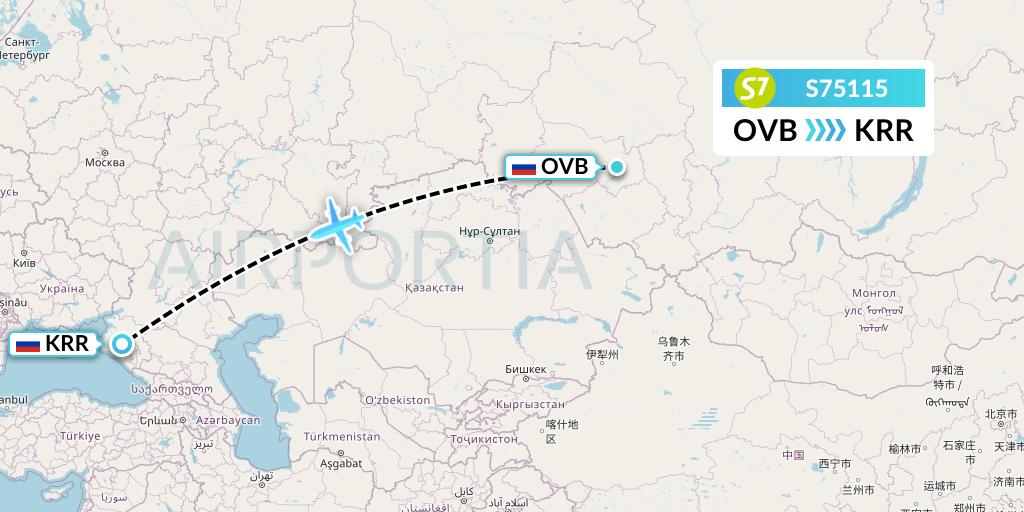 S75115 S7 Airlines Flight Map: Novosibirsk to Krasnodar
