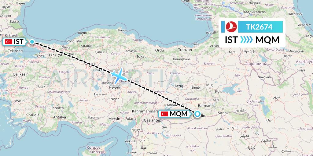 TK2674 Turkish Airlines Flight Map: Istanbul to Mardin