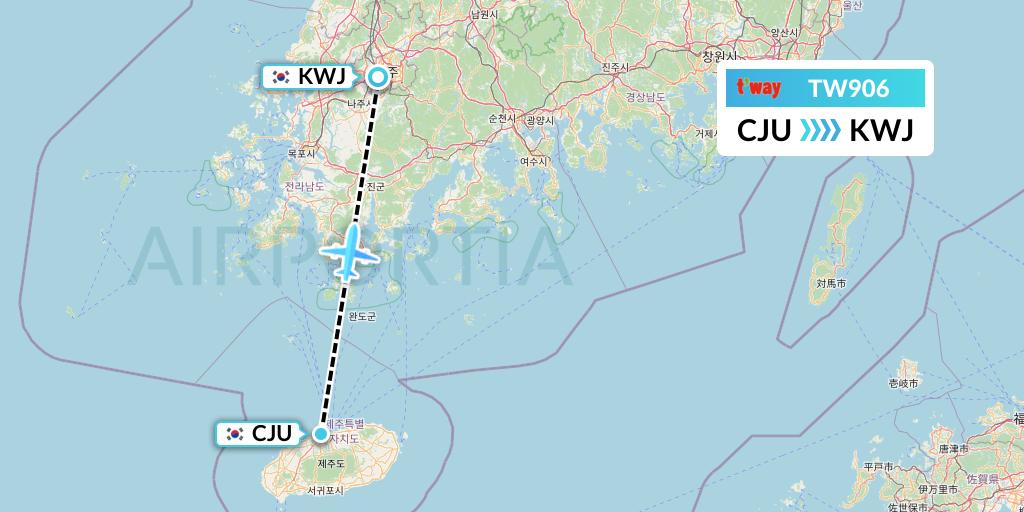 TW906 T'way Air Flight Map: Jeju to Gwangju
