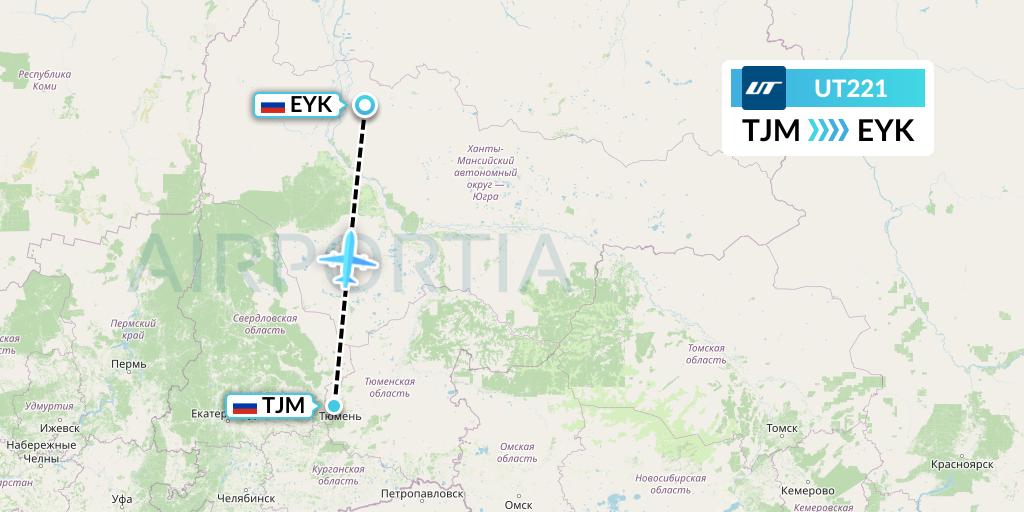 UT221 UTair Flight Map: Tyumen to Beloyarsk
