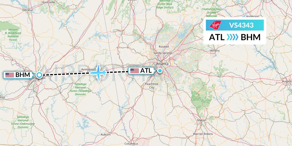 VS4343 Virgin Atlantic Airways Flight Map: Atlanta to Birmingham