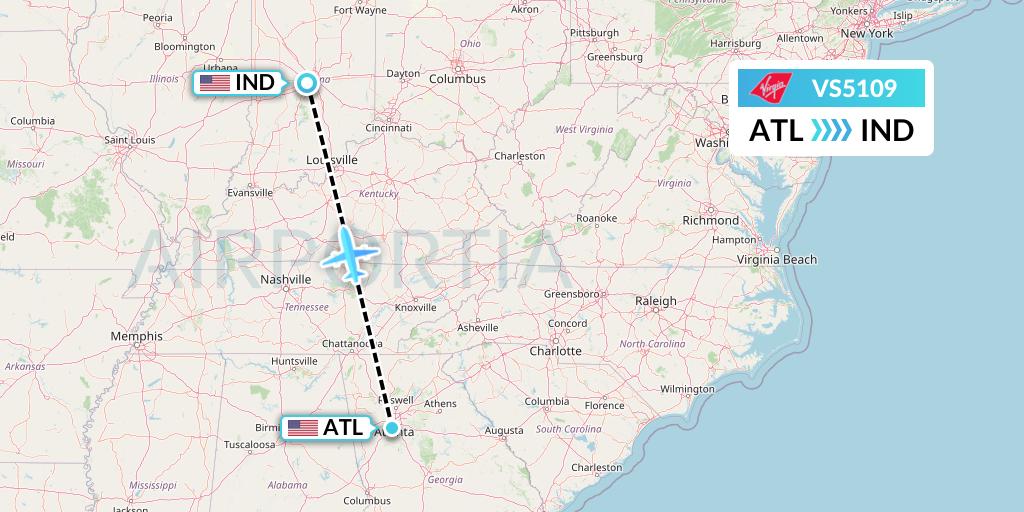 VS5109 Virgin Atlantic Airways Flight Map: Atlanta to Indianapolis