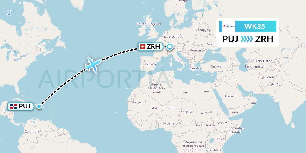 WK35 Edelweiss Air Flight Map: Punta Cana to Zurich