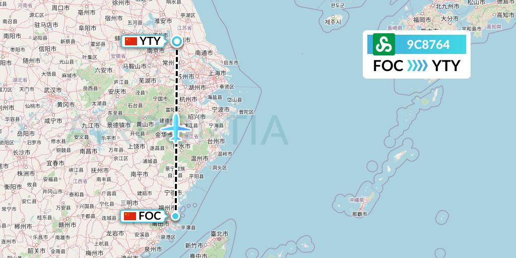 9C8764 Spring Airlines Flight Map: Fuzhou to Yangzhou