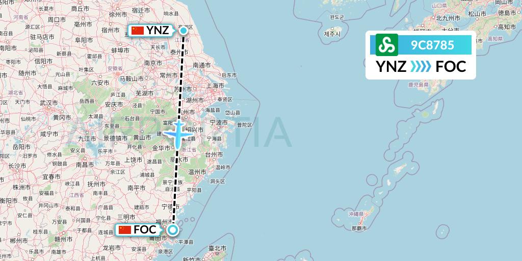 9C8785 Spring Airlines Flight Map: Yancheng to Fuzhou