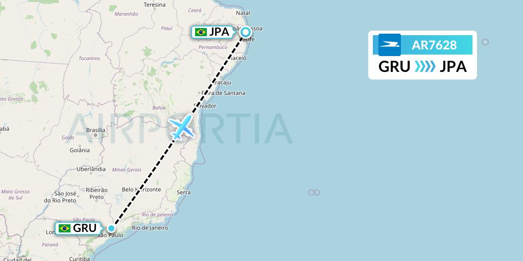 AR7628 Aerolineas Argentinas Flight Map: Sao Paulo to Joao Pessoa