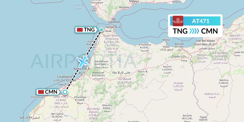 AT471 Royal Air Maroc Flight Map: Tangier to Casablanca