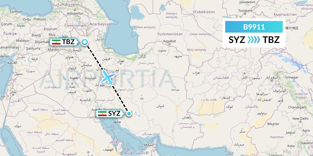 B9911 Iran Air Tours Flight Map: Shiraz to Tabriz