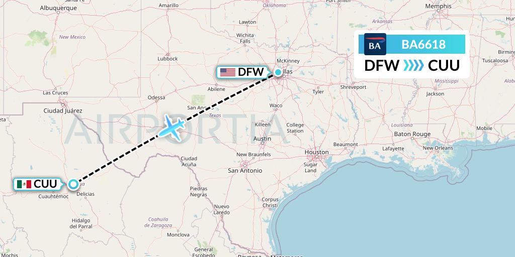 BA6618 British Airways Flight Map: Dallas to Chihuahua