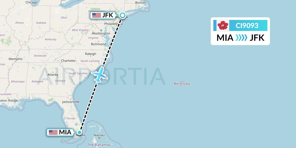 CI9093 China Airlines Flight Map: Miami to New York