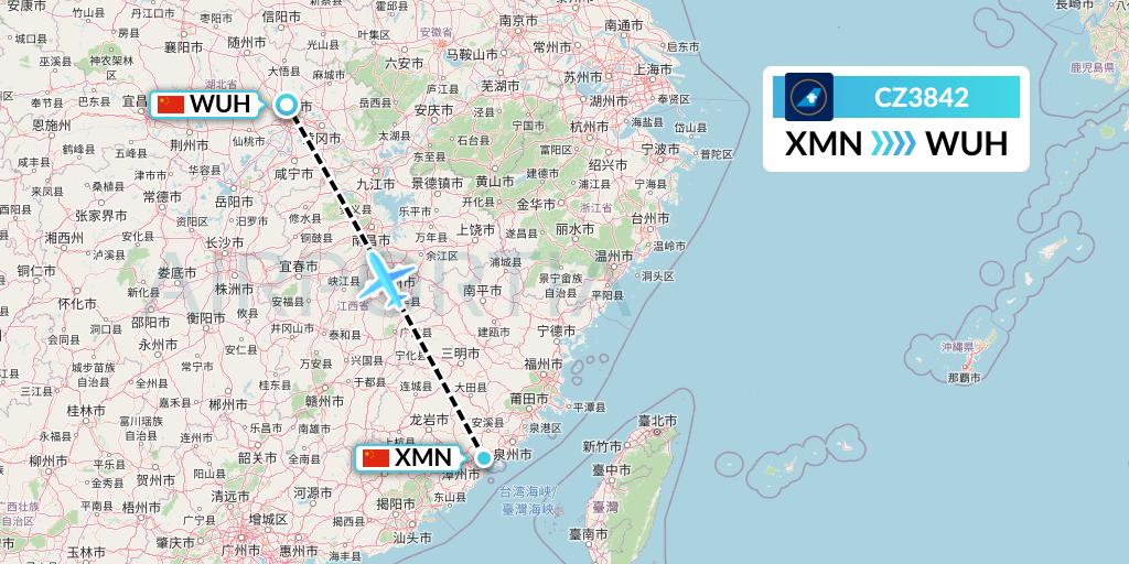 CZ3842 China Southern Airlines Flight Map: Xiamen to Wuhan