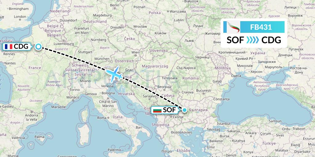 FB431 Bulgaria Air Flight Map: Sofia to Paris