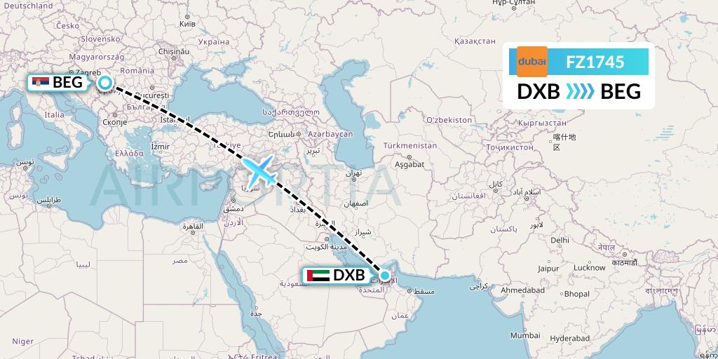 FZ1745 FlyDubai Flight Map: Dubai to Belgrade