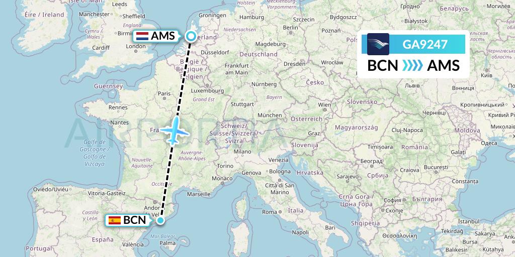 GA9247 Garuda Indonesia Flight Map: Barcelona to Amsterdam