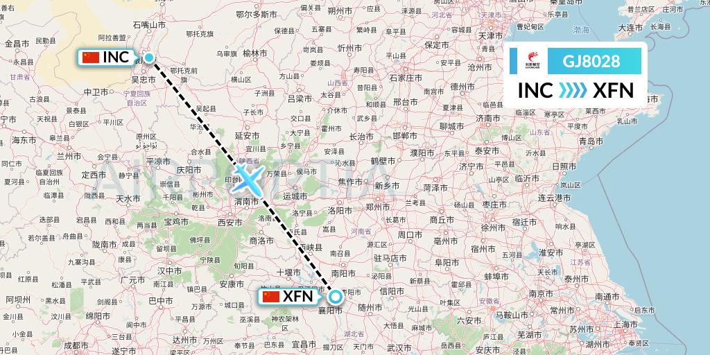 GJ8028 Loong Airlines Flight Map: Yinchuan to Xiangyang