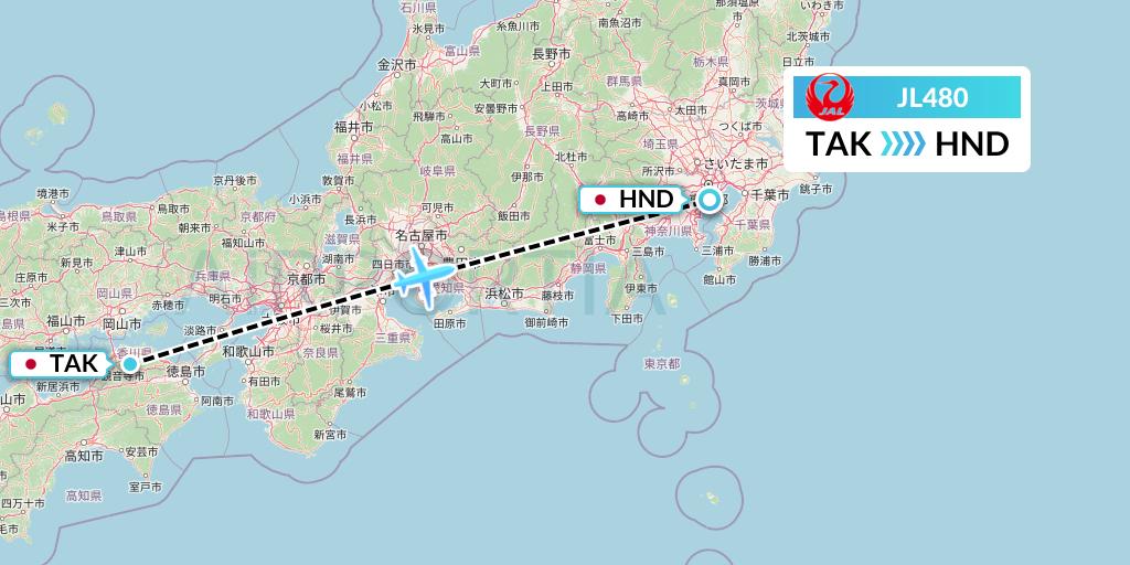 JL480 Japan Airlines Flight Map: Takamatsu to Tokyo