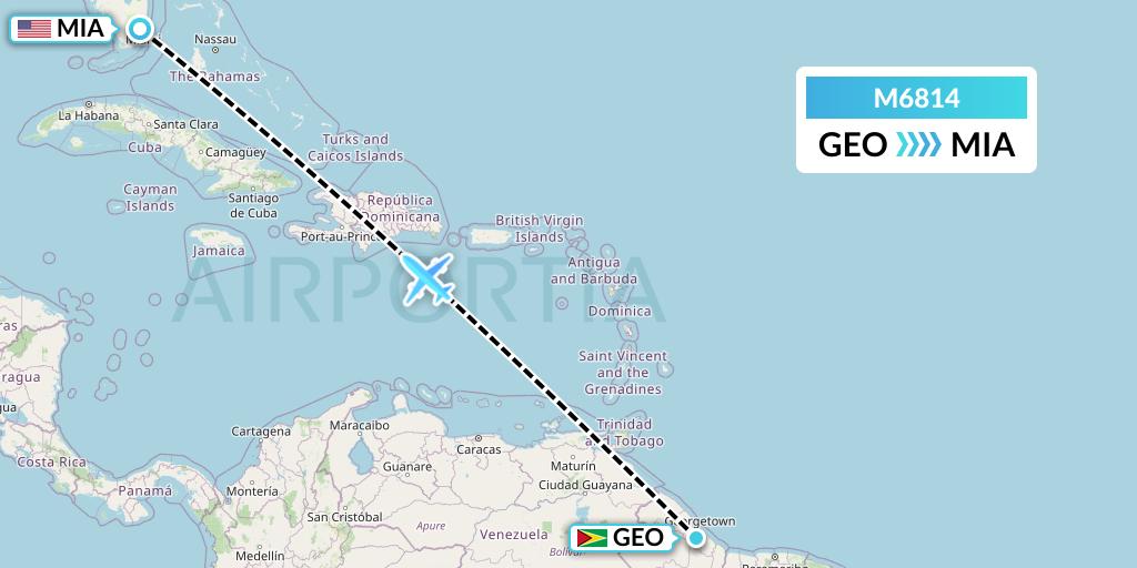 M6814 Amerijet International Flight Map: Georgetown to Miami