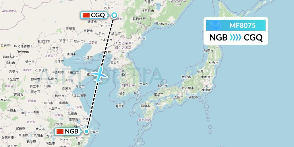 MF8075 Xiamen Airlines Flight Map: Ningbo to Changchun
