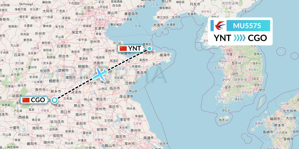 MU5575 China Eastern Airlines Flight Map: Yantai to Zhengzhou