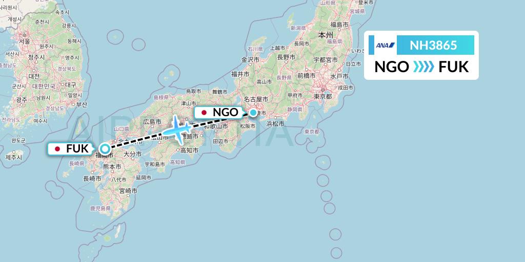 NH3865 All Nippon Airways Flight Map: Nagoya to Fukuoka