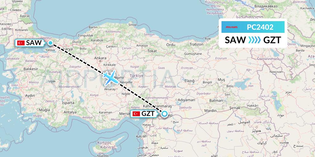 PC2402 Pegasus Airlines Flight Map: Istanbul to Gaziantep