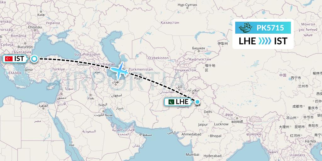 PK5715 Pakistan International Airlines Flight Map: Lahore to Istanbul