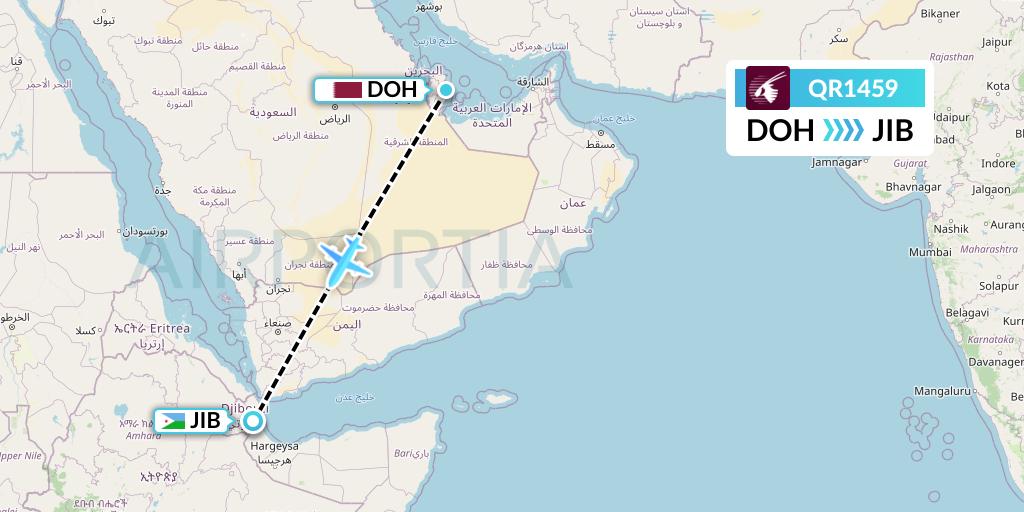 QR1459 Qatar Airways Flight Map: Doha to Djibouti