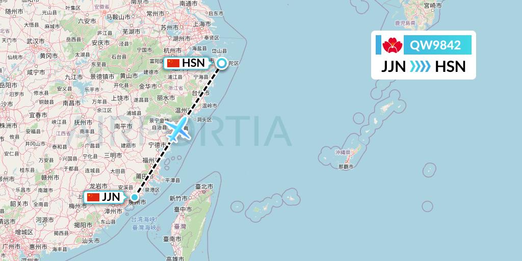 QW9842 Qingdao Airlines Flight Map: Jinjiang to Zhoushan