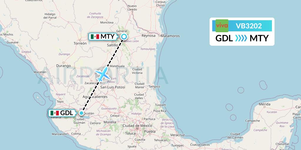 VB3202 VivaAerobus Flight Map: Guadalajara to Monterrey