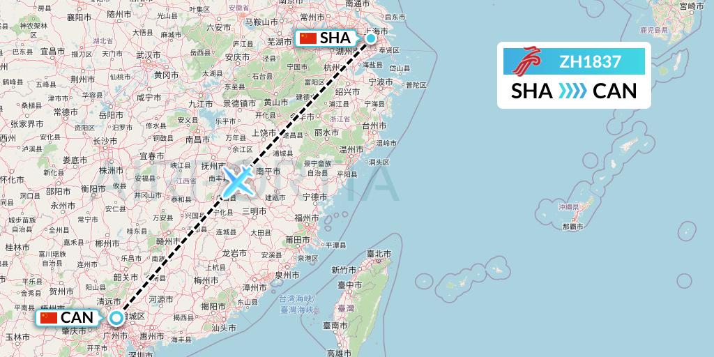ZH1837 Shenzhen Airlines Flight Map: Shanghai to Guangzhou