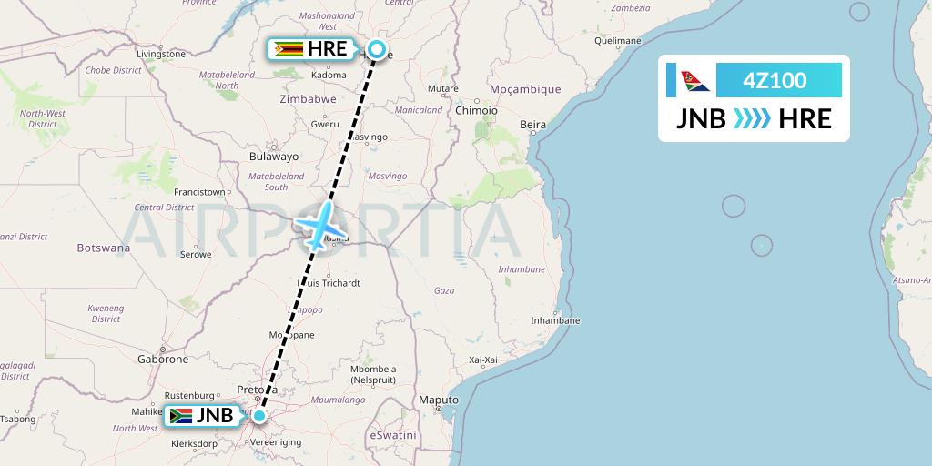 4Z100 Airlink Flight Map: Johannesburg to Harare
