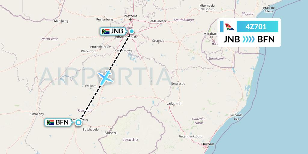 4Z701 Airlink Flight Map: Johannesburg to Bloemfontein