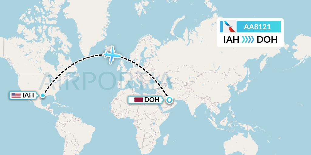 AA8121 American Airlines Flight Map: Houston to Doha