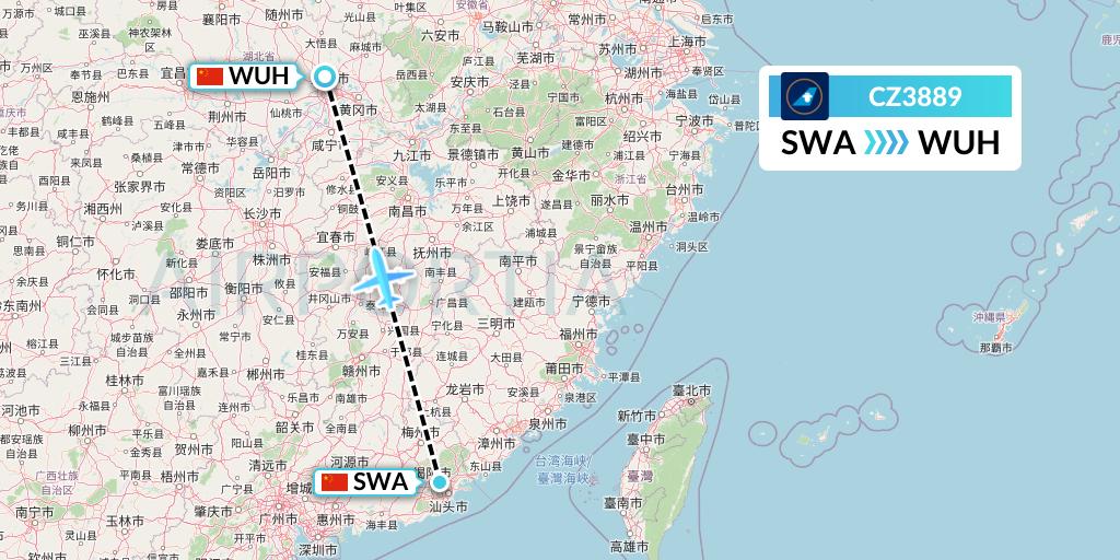 CZ3889 China Southern Airlines Flight Map: Jieyang to Wuhan