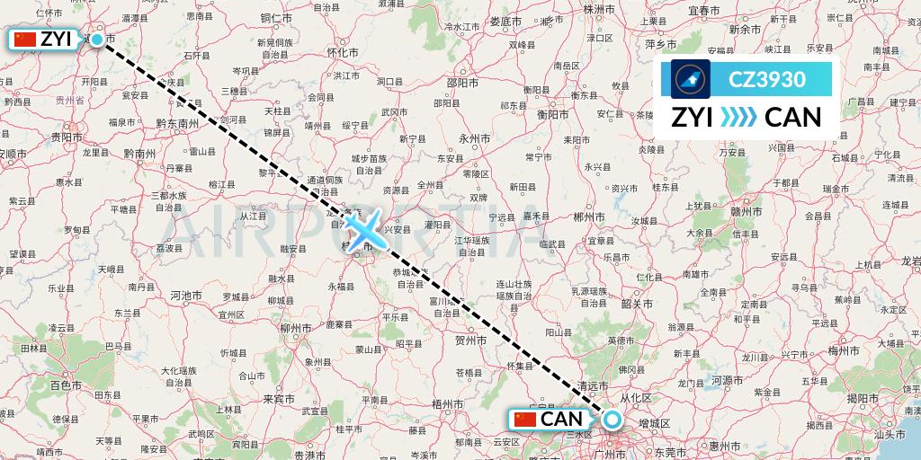 CZ3930 China Southern Airlines Flight Map: Zunyi to Guangzhou