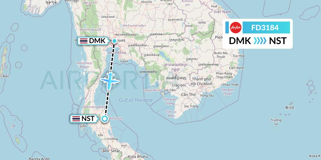 FD3184 Thai AirAsia Flight Map: Bangkok to Nakhon Si Thammarat