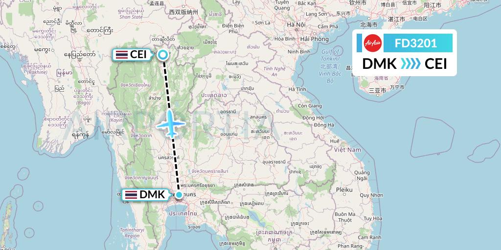 FD3201 Thai AirAsia Flight Map: Bangkok to Chiang Rai