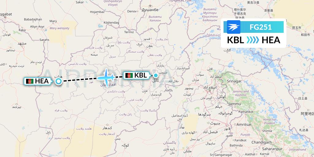 FG251 Ariana Afghan Airlines Flight Map: Kabul to Herat