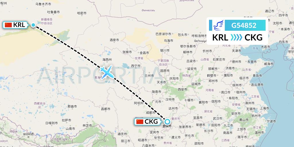 G54852 China Express Airlines Flight Map: Korla to Chongqing