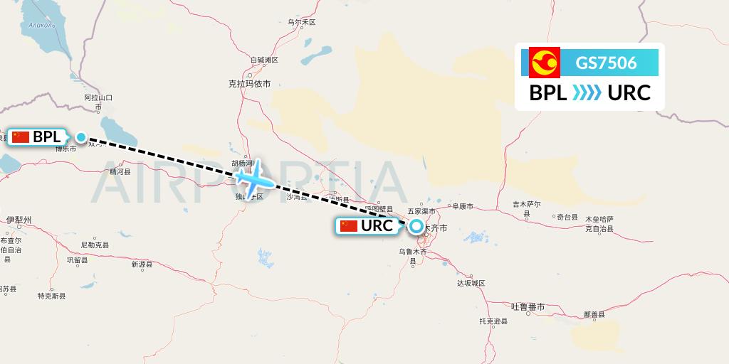 GS7506 Tianjin Airlines Flight Map: Bole to Urumqi