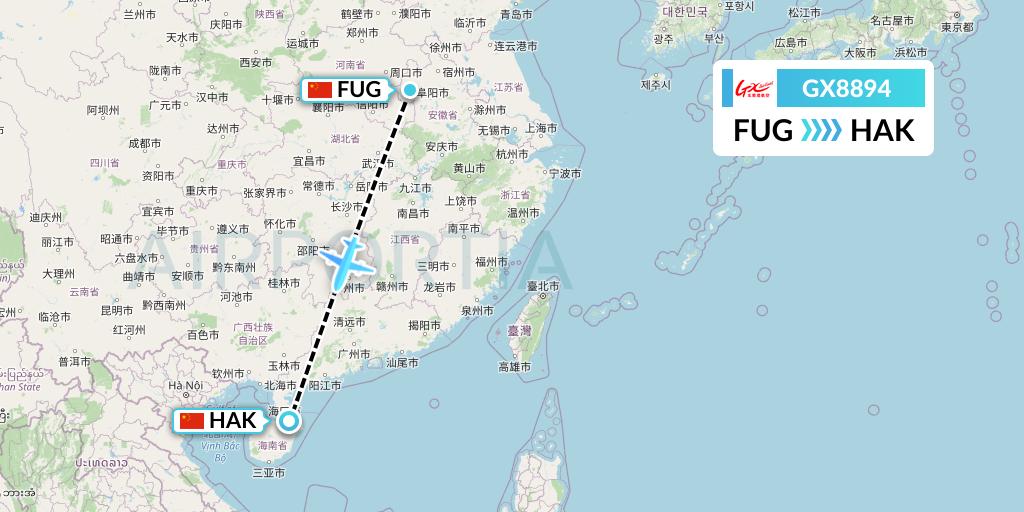 GX8894 GX Airlines Flight Map: Fuyang to Haikou