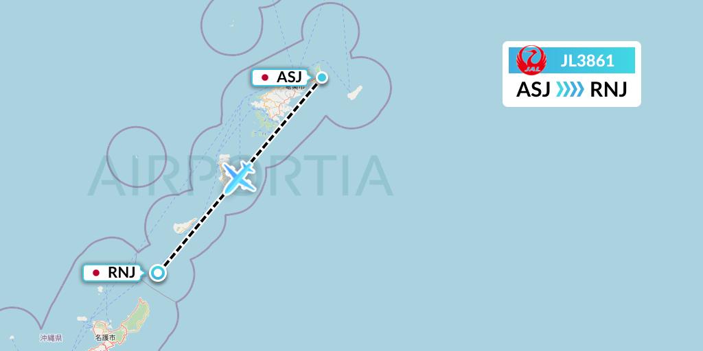 JL3861 Japan Airlines Flight Map: Amami to Yoronjima