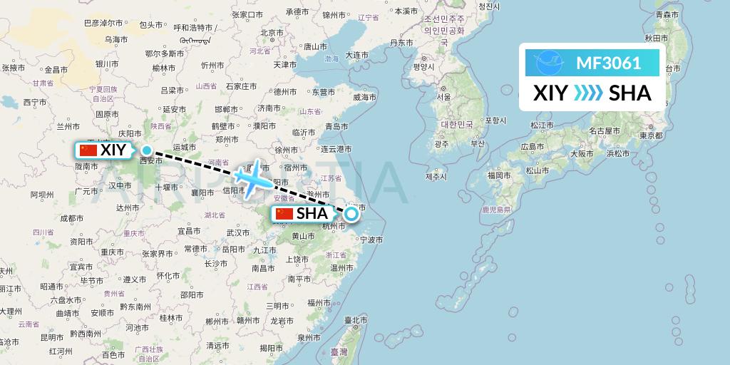 MF3061 Xiamen Airlines Flight Map: Xi'an to Shanghai