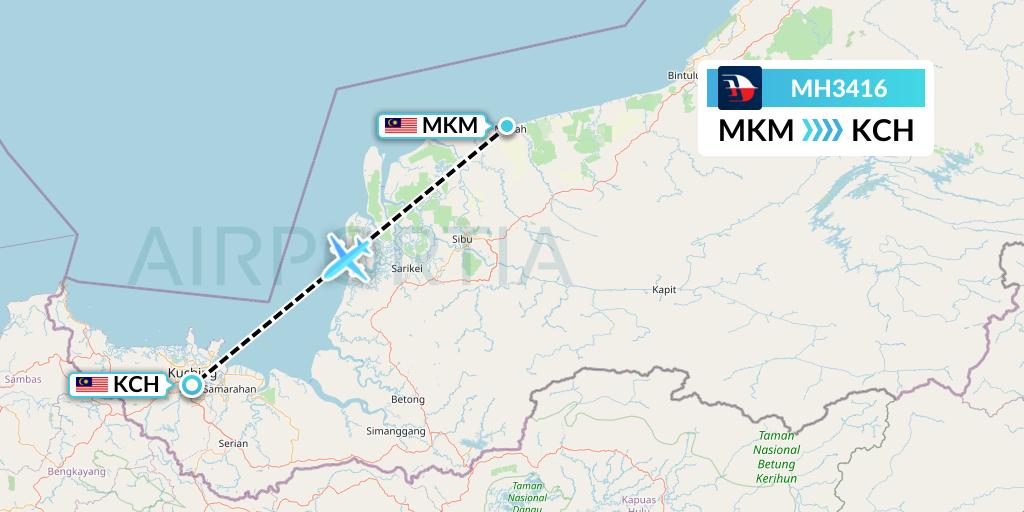 MH3416 Malaysia Airlines Flight Map: Mukah to Kuching