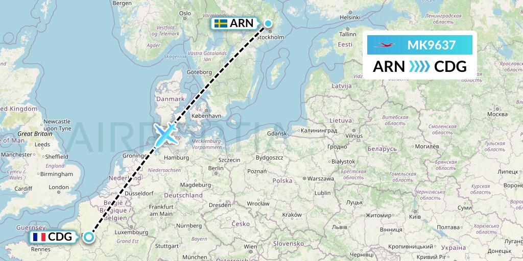 MK9637 Air Mauritius Flight Map: Stockholm to Paris