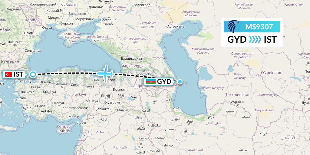 MS9307 EgyptAir Flight Map: Baku to Istanbul