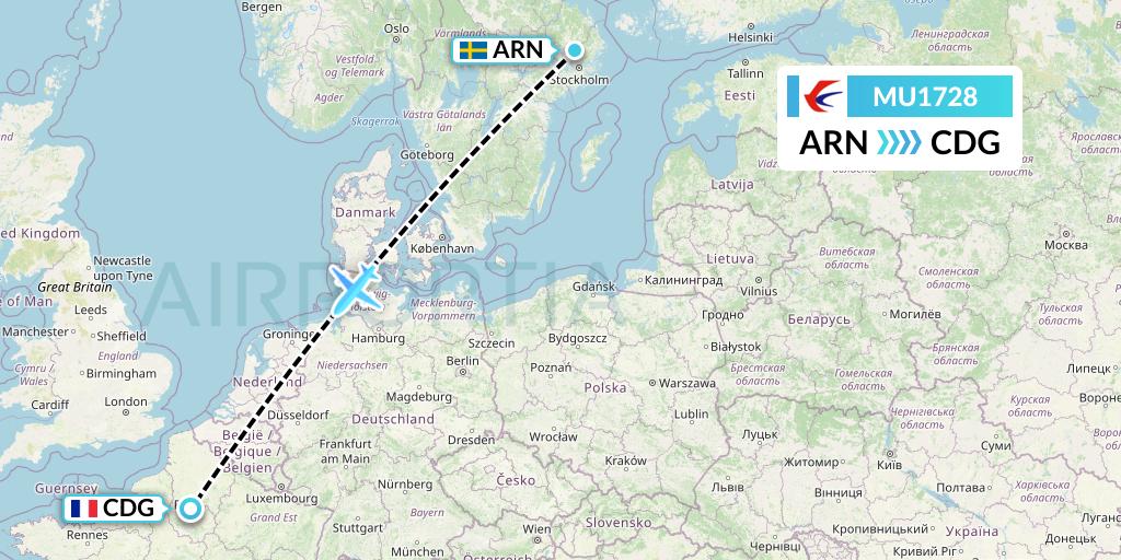 MU1728 China Eastern Airlines Flight Map: Stockholm to Paris